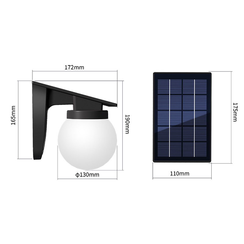 Solárna guľová vonkajšia nástenná lampa IP65, LED zdroj, 2,7W, 6V, prevádzka 6–12 hodín