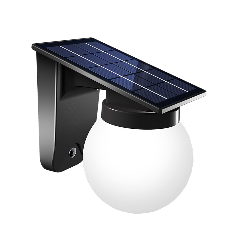 Solárna guľová vonkajšia nástenná lampa IP65, LED zdroj, 2,7W, 6V, prevádzka 6–12 hodín