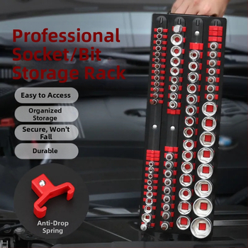 Органайзер за торцеви гнезда и битове – сплавна стомана; предназначение: съхранение на торцеви гнезда; тип: рафт/органайзер за гнезда