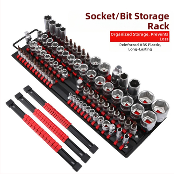 Органайзер за торцеви гнезда и битове – сплавна стомана; предназначение: съхранение на торцеви гнезда; тип: рафт/органайзер за гнезда