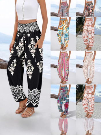 Гащеризон с принт, висока талия и широки крачоли, полиестер-спандекс смес