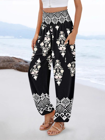 Гащеризон с принт, висока талия и широки крачоли, полиестер-спандекс смес