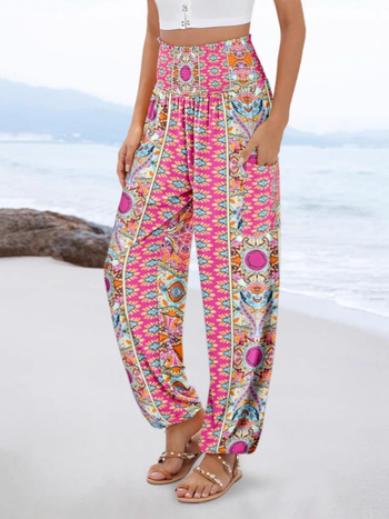 Гащеризон с принт, висока талия и широки крачоли, полиестер-спандекс смес