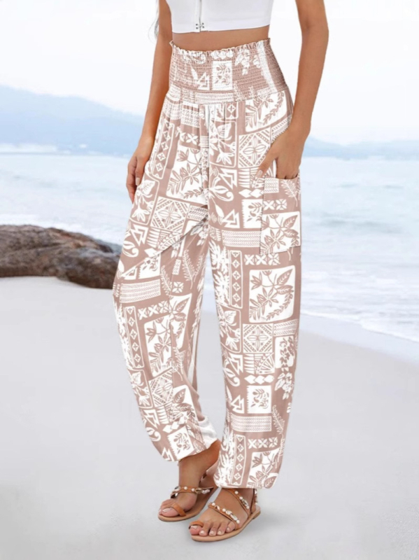 Гащеризон с принт, висока талия и широки крачоли, полиестер-спандекс смес