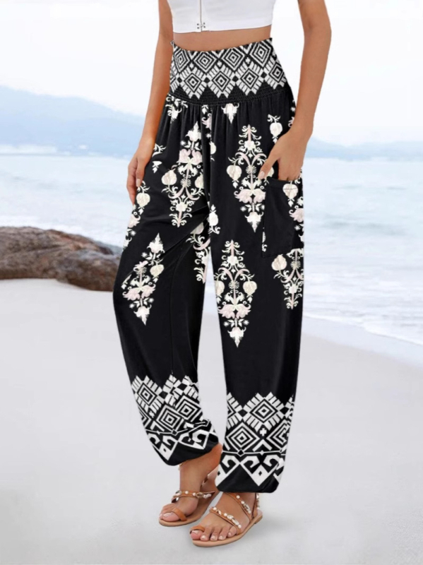 Гащеризон с принт, висока талия и широки крачоли, полиестер-спандекс смес