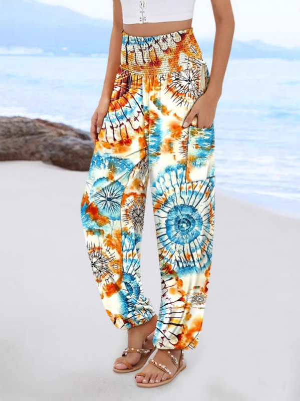 Гащеризон с принт, висока талия и широки крачоли, полиестер-спандекс смес