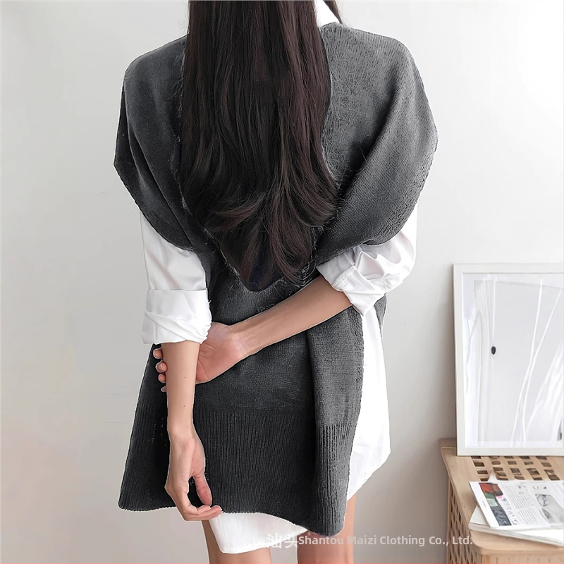 Жилет без ръкави от трикотаж с V-образна jaka, свободен силует, акрилно влакно, средна дебелина, средна дължина, ежедневен стил за жени