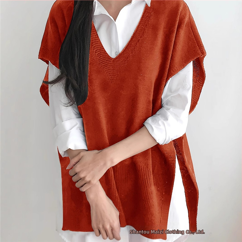 Жилет без ръкави от трикотаж с V-образна jaka, свободен силует, акрилно влакно, средна дебелина, средна дължина, ежедневен стил за жени