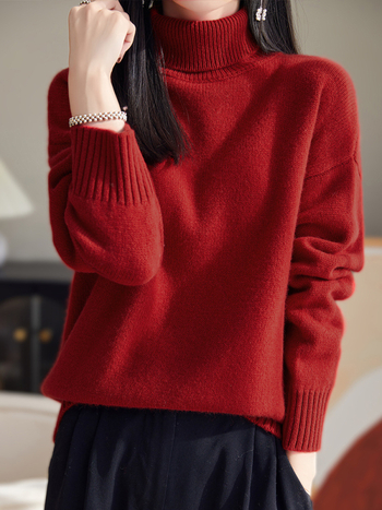 Pleteni pulover od vune s visokim ovratnikom, slobodan kroj, dugi rukavi, 95% vuna, jesen 2024