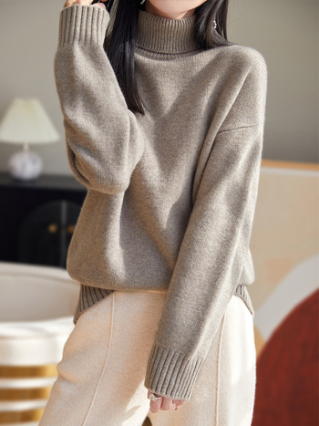 Pleteni pulover od vune s visokim ovratnikom, slobodan kroj, dugi rukavi, 95% vuna, jesen 2024