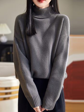 Pleteni pulover od vune s visokim ovratnikom, slobodan kroj, dugi rukavi, 95% vuna, jesen 2024