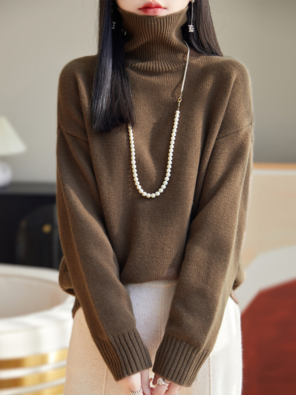 Pleteni pulover od vune s visokim ovratnikom, slobodan kroj, dugi rukavi, 95% vuna, jesen 2024