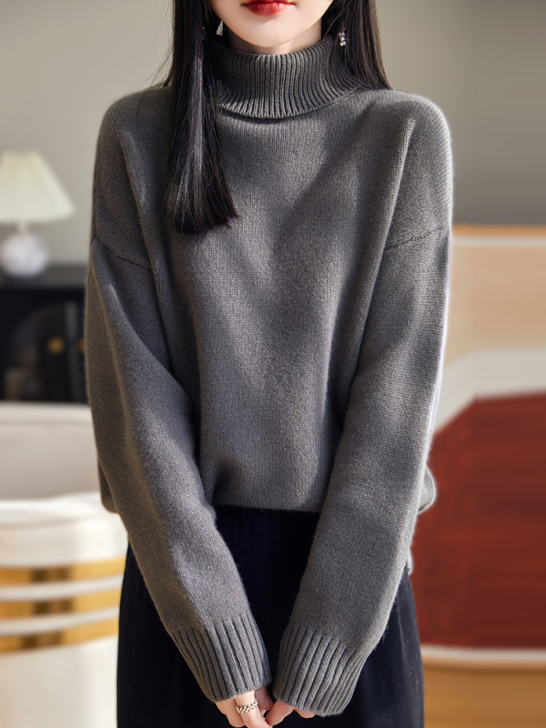 Pleteni pulover od vune s visokim ovratnikom, slobodan kroj, dugi rukavi, 95% vuna, jesen 2024