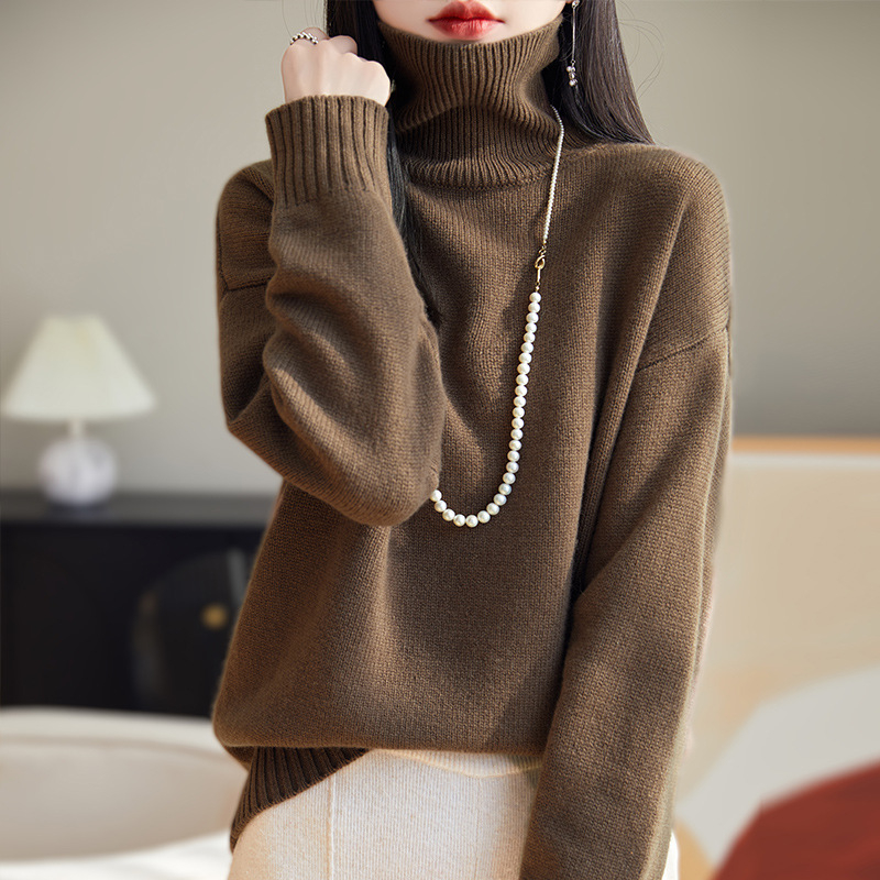 Pleteni pulover od vune s visokim ovratnikom, slobodan kroj, dugi rukavi, 95% vuna, jesen 2024