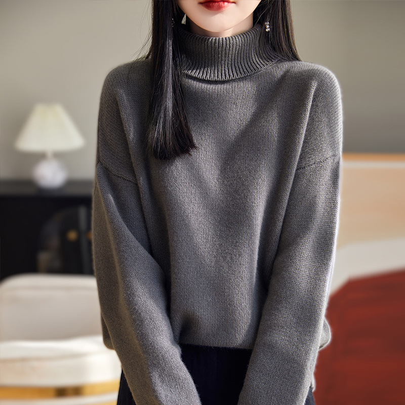 Pleteni pulover od vune s visokim ovratnikom, slobodan kroj, dugi rukavi, 95% vuna, jesen 2024