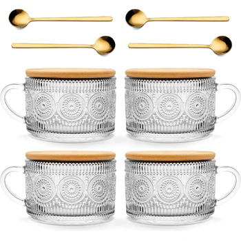 Стъклена чаша с дръжка, слънчогледов релеф, капак и лъжичка, сода-лимонено стъкло, ръчно издялана