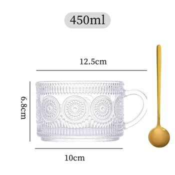 Стъклена чаша с дръжка, слънчогледов релеф, капак и лъжичка, сода-лимонено стъкло, ръчно издялана