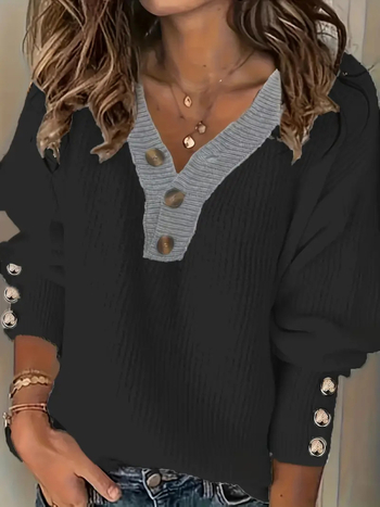 Пуловер от акрил, Casual стил, V-образно деколте, дълги ръкави, 3 копчета отпред, състав 95% акрил