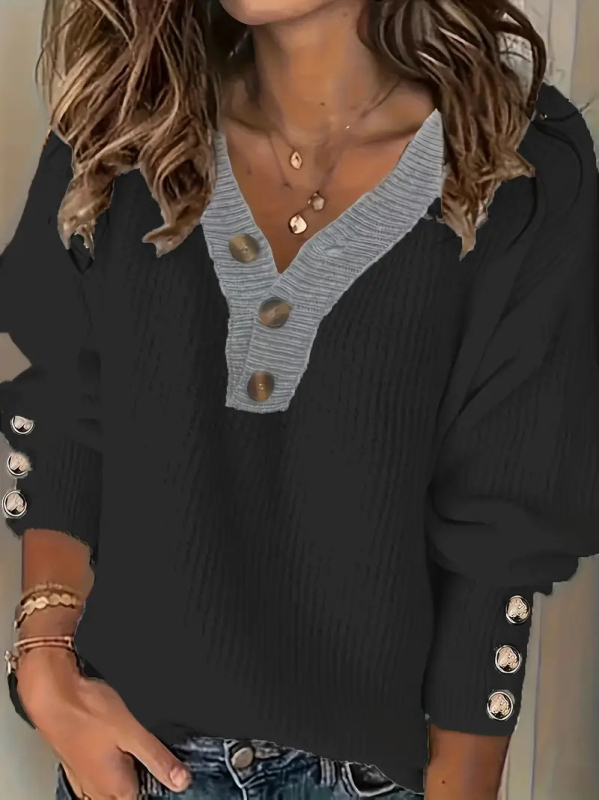 Пуловер от акрил, Casual стил, V-образно деколте, дълги ръкави, 3 копчета отпред, състав 95% акрил