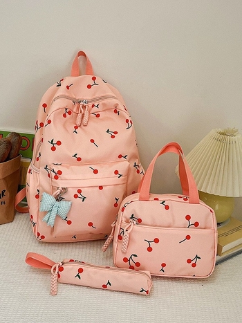 Dámsky nylonový batoh trojdielny set s potlačou čerešní, mestský štýl, na školu