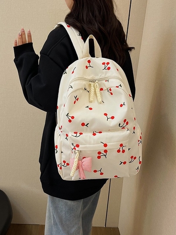 Γυναικείο νάιλον σακίδιο, σετ τριών τεμαχίων με εκτύπωση κερασιού, αστικό μίνιμαλ στυλ, ιδανικό για σχολείο