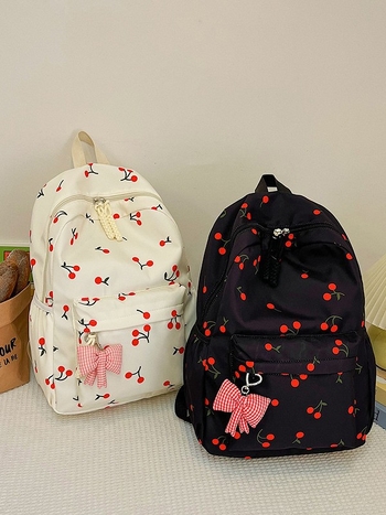 Γυναικείο νάιλον σακίδιο, σετ τριών τεμαχίων με εκτύπωση κερασιού, αστικό μίνιμαλ στυλ, ιδανικό για σχολείο