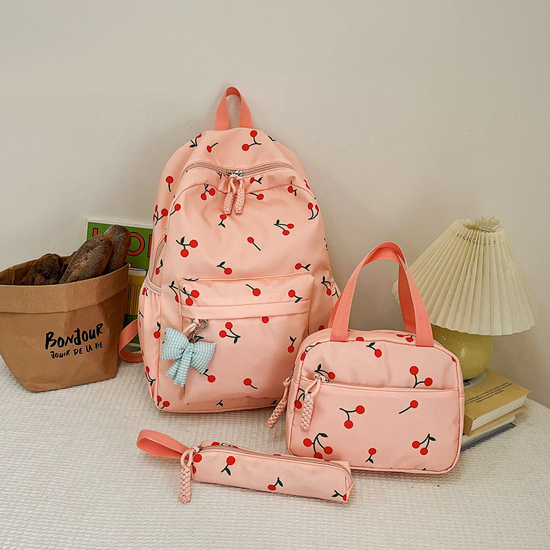 Dámsky nylonový batoh trojdielny set s potlačou čerešní, mestský štýl, na školu