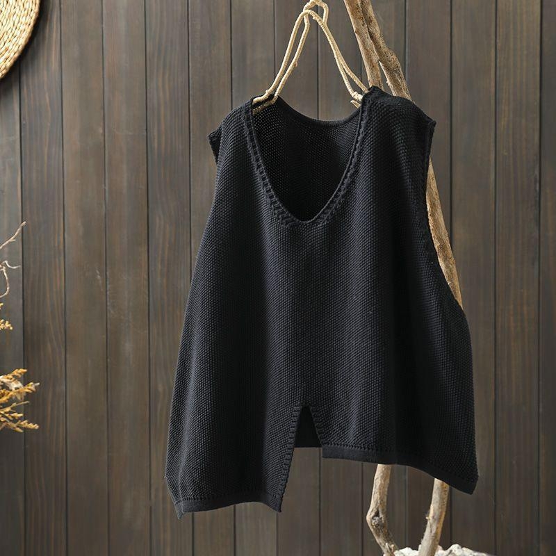 Adīta kokvilnas veste ar neregulāru maliņu, V–izgriezums, brīvs piegriezums, bez piedurknēm