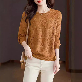 Дамски пуловер с кръгло деколте, прав кройка, дълги ръкави, полиестер-акрилна смес, есен 2024