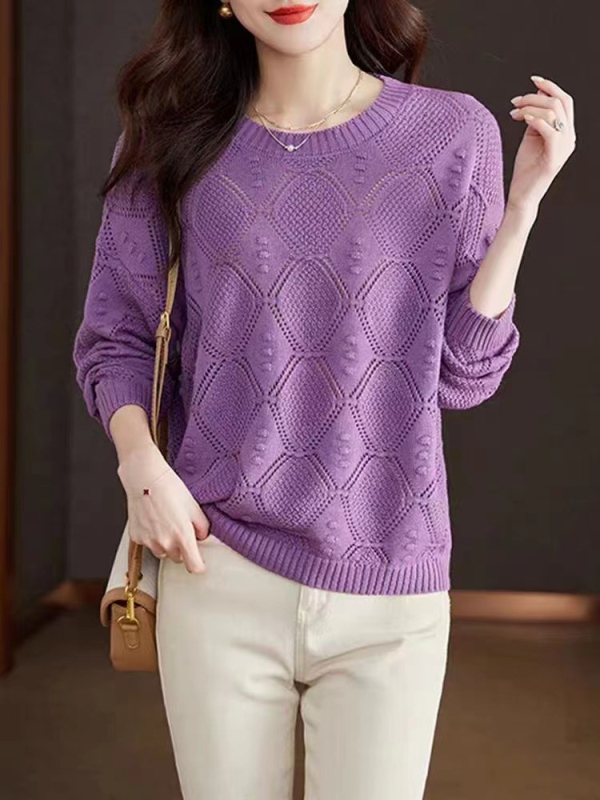 Дамски пуловер с кръгло деколте, прав кройка, дълги ръкави, полиестер-акрилна смес, есен 2024