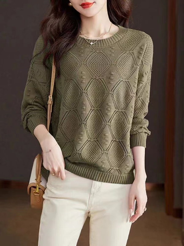 Дамски пуловер с кръгло деколте, прав кройка, дълги ръкави, полиестер-акрилна смес, есен 2024