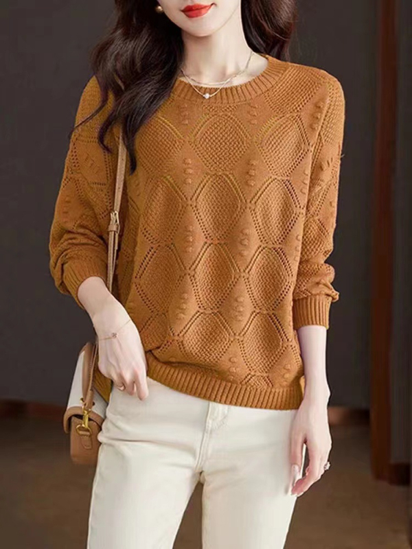 Дамски пуловер с кръгло деколте, прав кройка, дълги ръкави, полиестер-акрилна смес, есен 2024