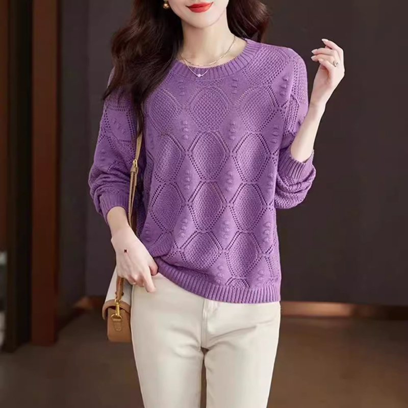 Дамски пуловер с кръгло деколте, прав кройка, дълги ръкави, полиестер-акрилна смес, есен 2024