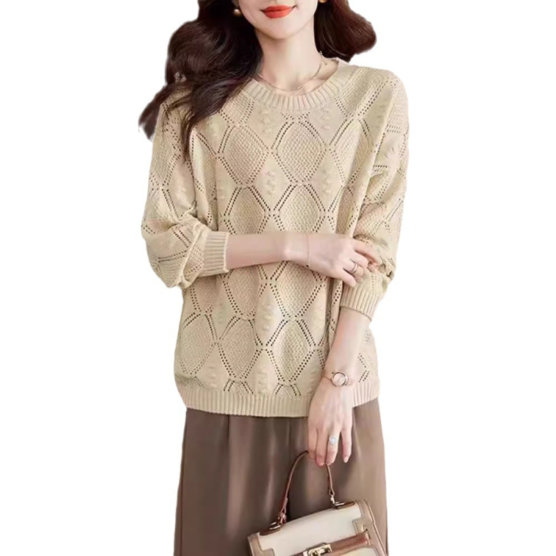 Дамски пуловер с кръгло деколте, прав кройка, дълги ръкави, полиестер-акрилна смес, есен 2024