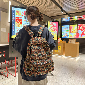 Γυναικεία σχολική τσάντα σε εθνικό στυλ, μεγάλη χωρητικότητα 20–35 L, καμβάς, γεωμετρικό μοτίβο, καμπύλοι ιμάντες