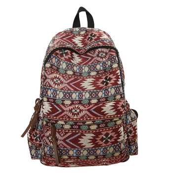 Γυναικεία σχολική τσάντα σε εθνικό στυλ, μεγάλη χωρητικότητα 20–35 L, καμβάς, γεωμετρικό μοτίβο, καμπύλοι ιμάντες