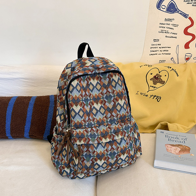 Dámsky batoh v etnickom štýle, veľká kapacita 20–35 L, plátenný materiál, geometrický vzor, oblúkové ramenné popruhy