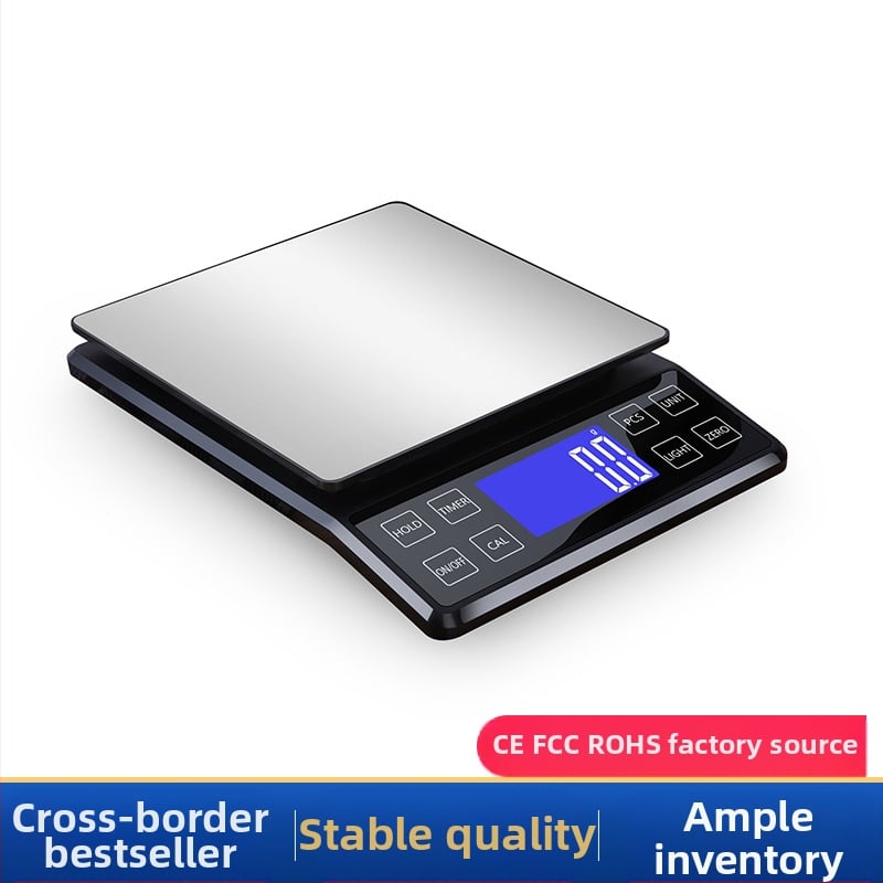 Rozsdamentes acélból készült konyhai digitális mérleg, 10 kg kapacitás, modell DH-307, elektronikus, USB-töltés és két AAA elem, többfunkciós.