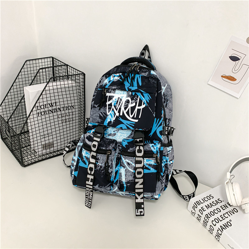 Študentský batoh s graffiti vzorom, plátenný materiál, objem 20–35 l, ramenné popruhy s nafúknutým vankúšom, street štýl