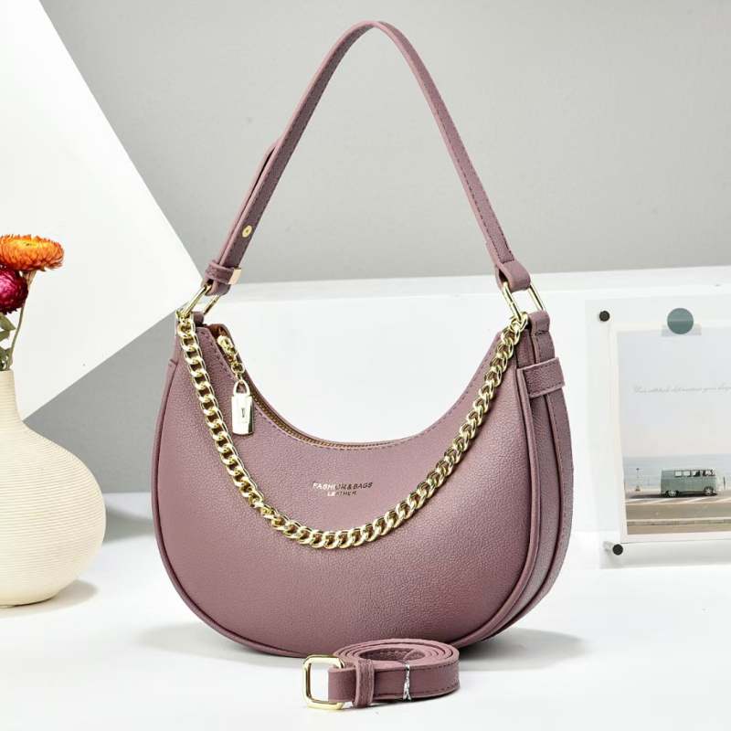 Ženska torbica preko ramena s lancem, urbani jednostavni stil, PU materijal, oblik crescent, zatvaranje zatvaračem, unutarnji džep za telefon i laminirani džep na zatvarač