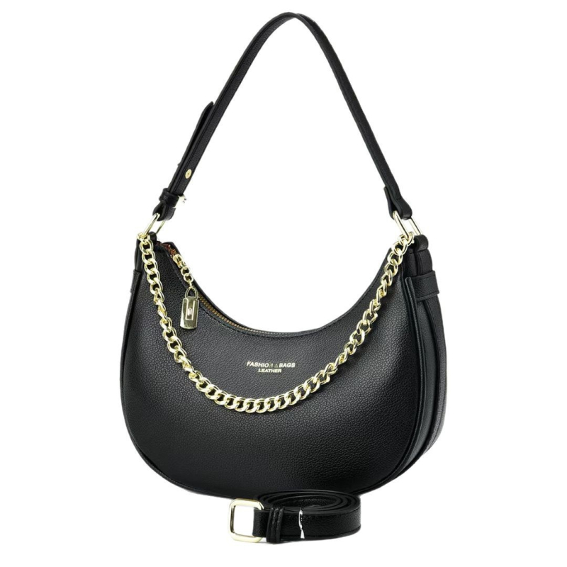 Ženska torbica preko ramena s lancem, urbani jednostavni stil, PU materijal, oblik crescent, zatvaranje zatvaračem, unutarnji džep za telefon i laminirani džep na zatvarač