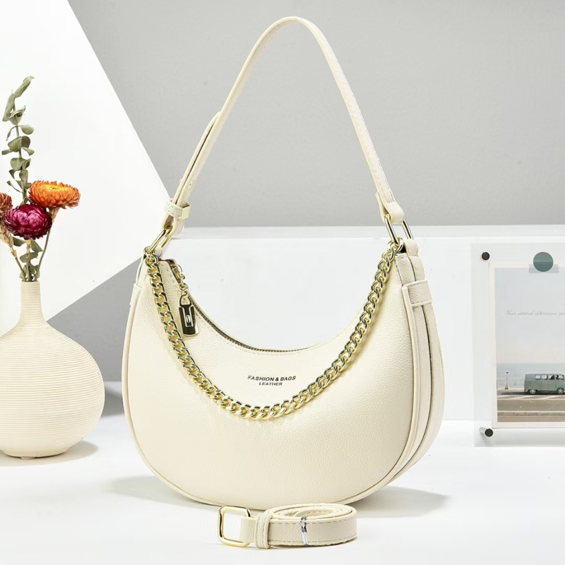 Ženska torbica preko ramena s lancem, urbani jednostavni stil, PU materijal, oblik crescent, zatvaranje zatvaračem, unutarnji džep za telefon i laminirani džep na zatvarač