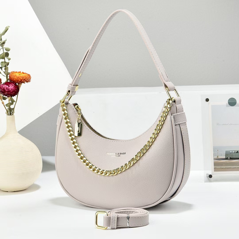Ženska torbica preko ramena s lancem, urbani jednostavni stil, PU materijal, oblik crescent, zatvaranje zatvaračem, unutarnji džep za telefon i laminirani džep na zatvarač