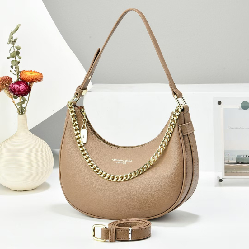 Ženska torbica preko ramena s lancem, urbani jednostavni stil, PU materijal, oblik crescent, zatvaranje zatvaračem, unutarnji džep za telefon i laminirani džep na zatvarač