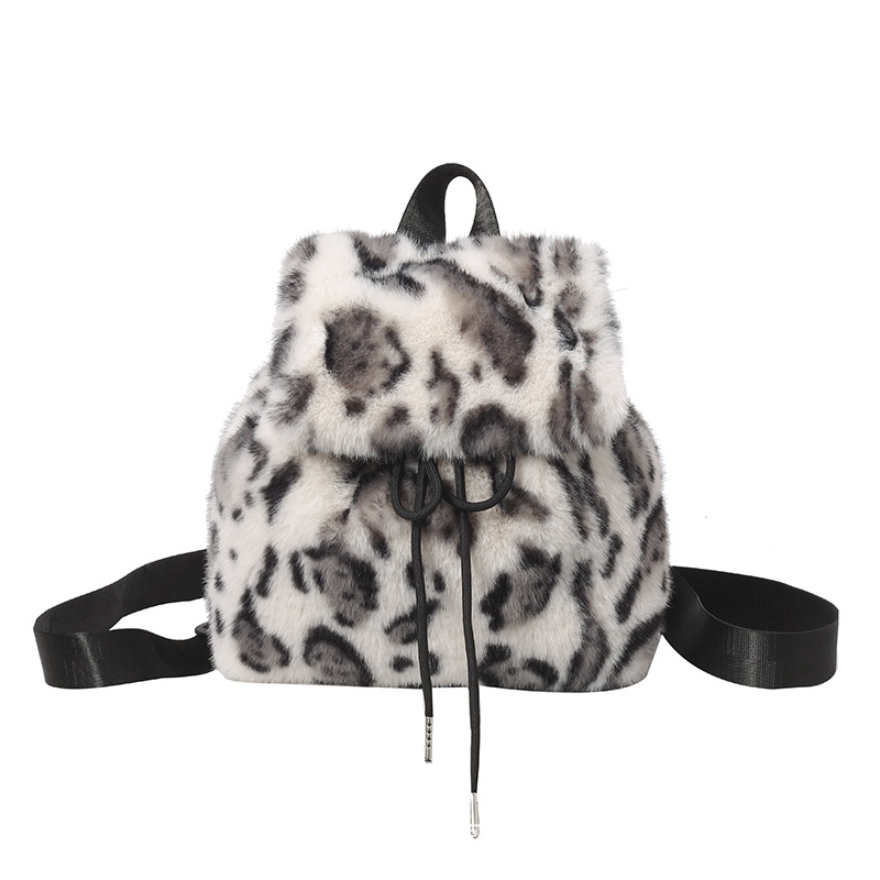 Qing nuo ranac od pliša s leopard uzorkom, gradski stil, zatvaranje šnuralima, podstava od sintetičke kože, džep za mobitel, mekana 3D silueta, jesen 2024