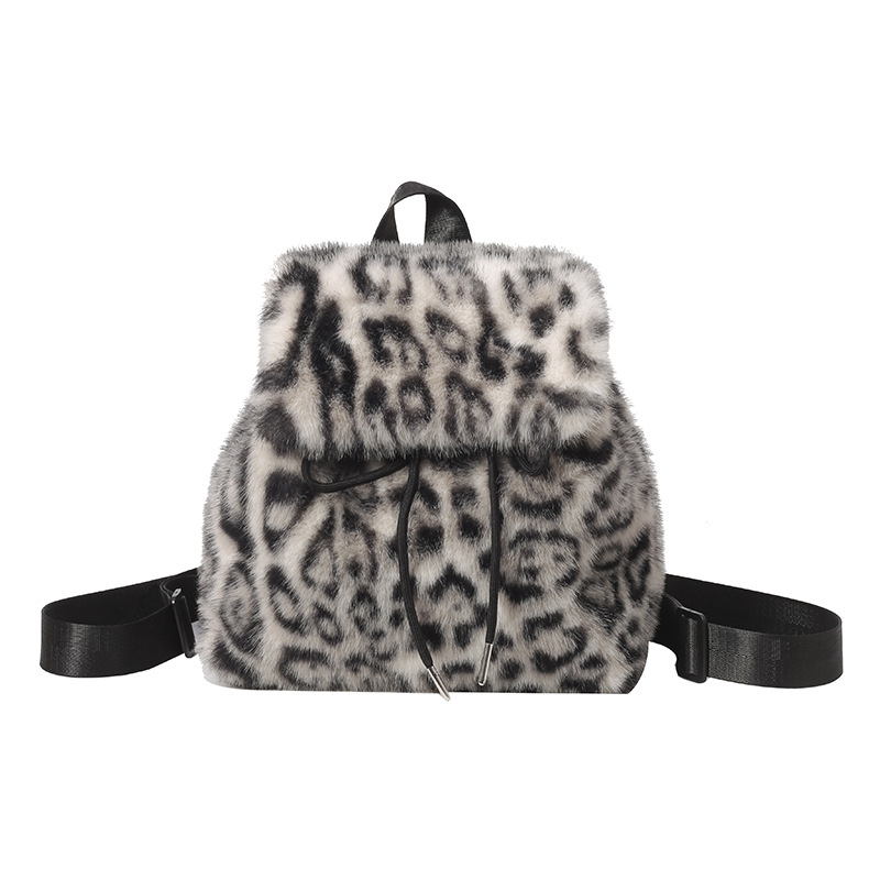 Qing nuo ranac od pliša s leopard uzorkom, gradski stil, zatvaranje šnuralima, podstava od sintetičke kože, džep za mobitel, mekana 3D silueta, jesen 2024