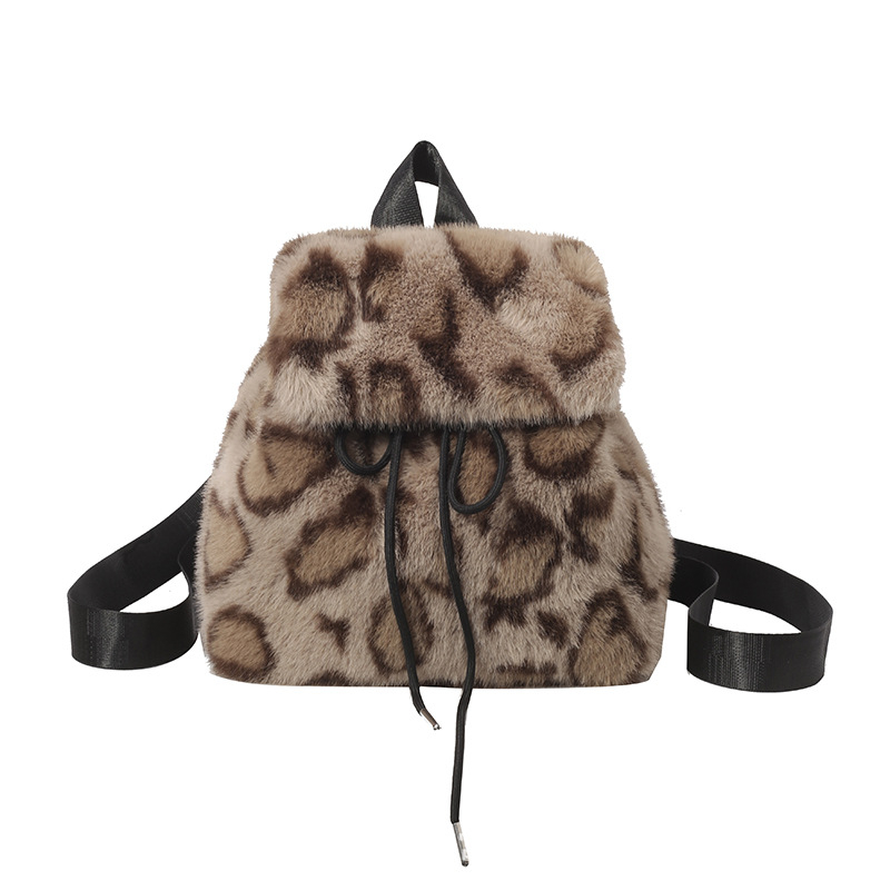 Qing nuo ranac od pliša s leopard uzorkom, gradski stil, zatvaranje šnuralima, podstava od sintetičke kože, džep za mobitel, mekana 3D silueta, jesen 2024