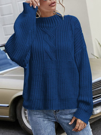 Ženský voľný strih pletený sveter s okrúhlym výstrihom, dlhé rukávy, geometrický vzor, 70–80% akryl, 20–30% polyester, stredná hrúbka