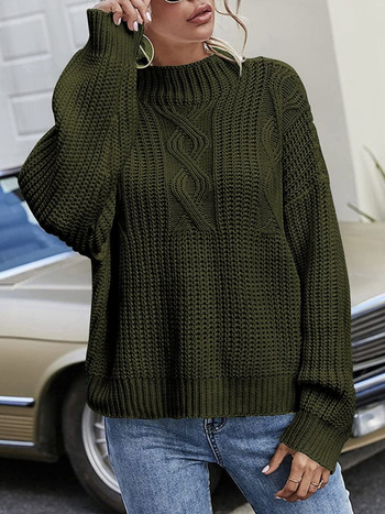 Ženský voľný strih pletený sveter s okrúhlym výstrihom, dlhé rukávy, geometrický vzor, 70–80% akryl, 20–30% polyester, stredná hrúbka