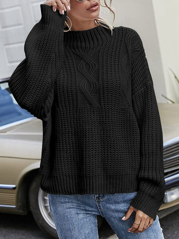 Ženský voľný strih pletený sveter s okrúhlym výstrihom, dlhé rukávy, geometrický vzor, 70–80% akryl, 20–30% polyester, stredná hrúbka